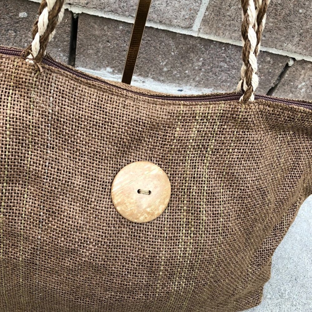 Oversized Raffia Burlap Purse Shoulder Hand Bag Women's Brown Zipper Jute - Picture 4 of 13